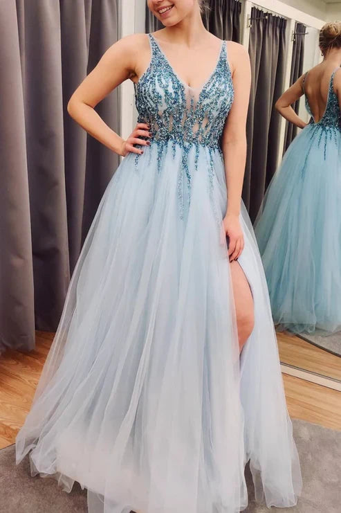 A-line Tulle Backless Prom Dress With Slit