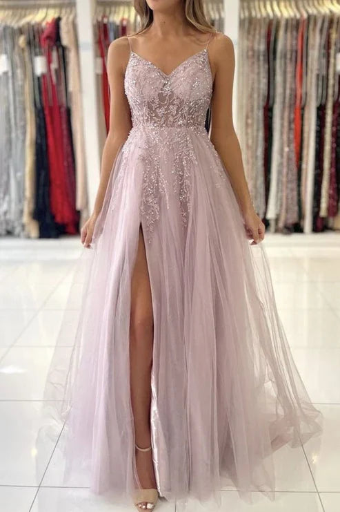 A-line Spaghetti Straps Tulle Beads Prom Dress With Slit