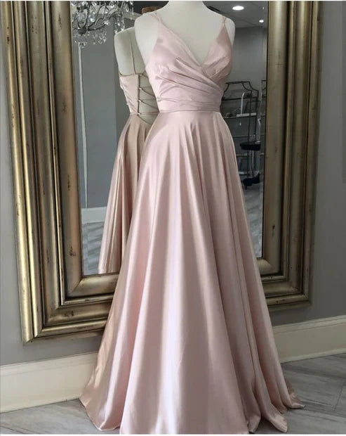 V Neck A-line Prom Dress With Tie Back