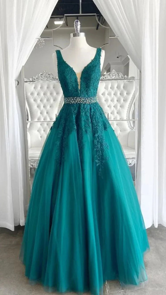 A-line Deep V Neck Lace Prom Dresses With Applique