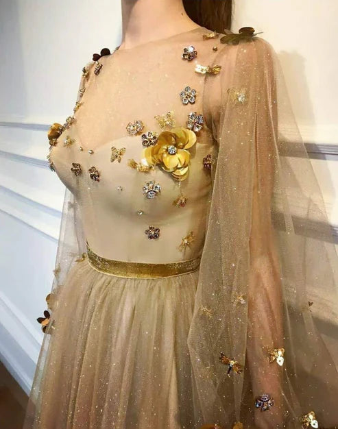 A-line Scoop Neck Long Sleeve Prom Dresses