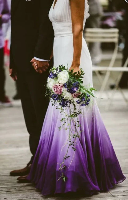 Off Sleeves Backless A-line V neck Gradient Prom Dress