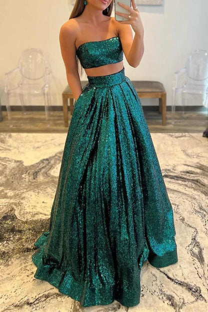 A-line Sequins Two Piece Prom Dress with Pockets
