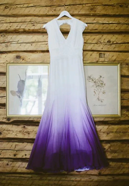 Off Sleeves Backless A-line V neck Gradient Prom Dress