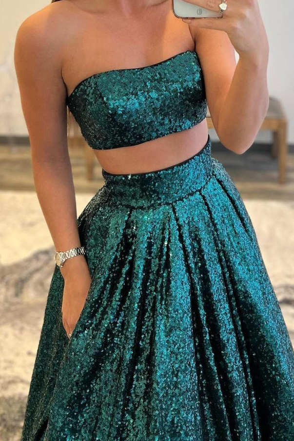 A-line Sequins Two Piece Prom Dress with Pockets