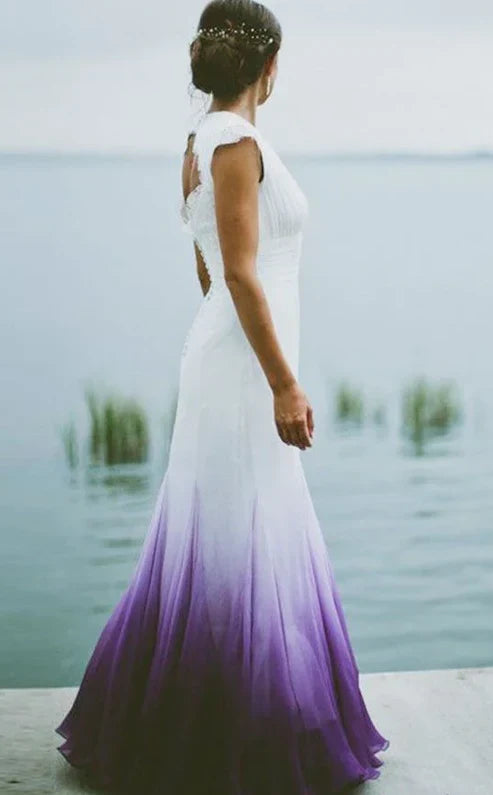 Off Sleeves Backless A-line V neck Gradient Prom Dress