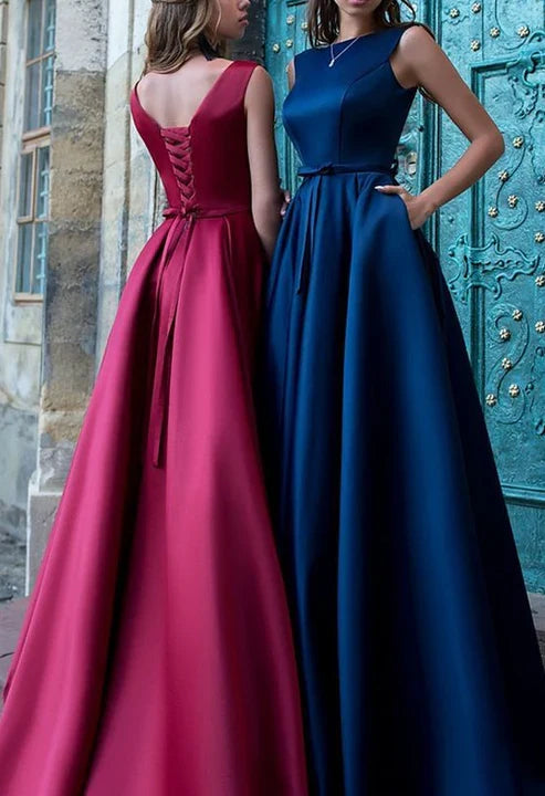 A-line Satin Bateau Neckline Lace-Up Prom Dress