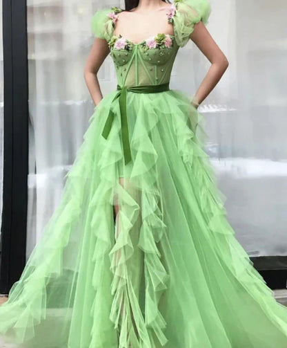 Tulle Flowers Sweetheart High Split Ruffle Prom Dresses