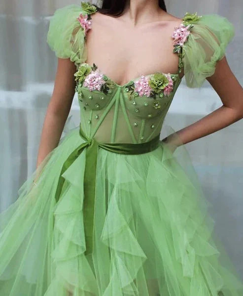 Tulle Flowers Sweetheart High Split Ruffle Prom Dresses