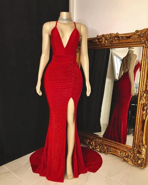 Deep V Neck Mermaid Spaghetti Straps Backless Prom Dress