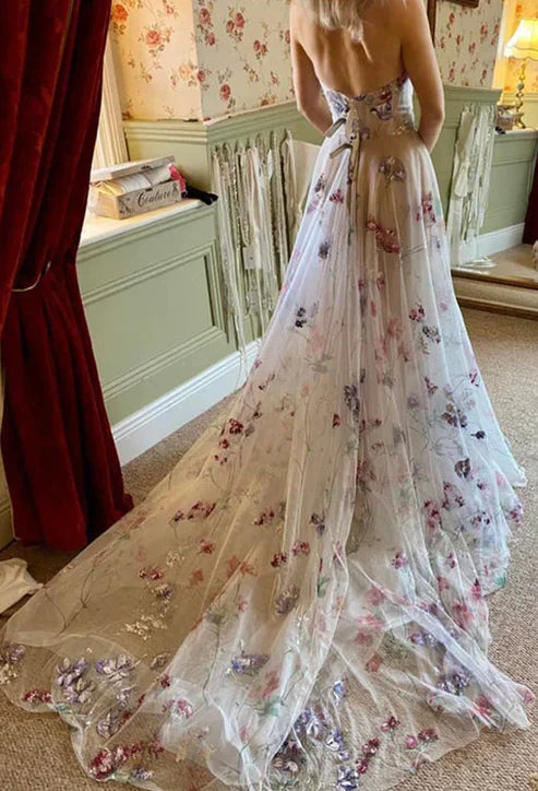 Strapless Colorful Sweetheart Tulle Prom Dress With Appliques