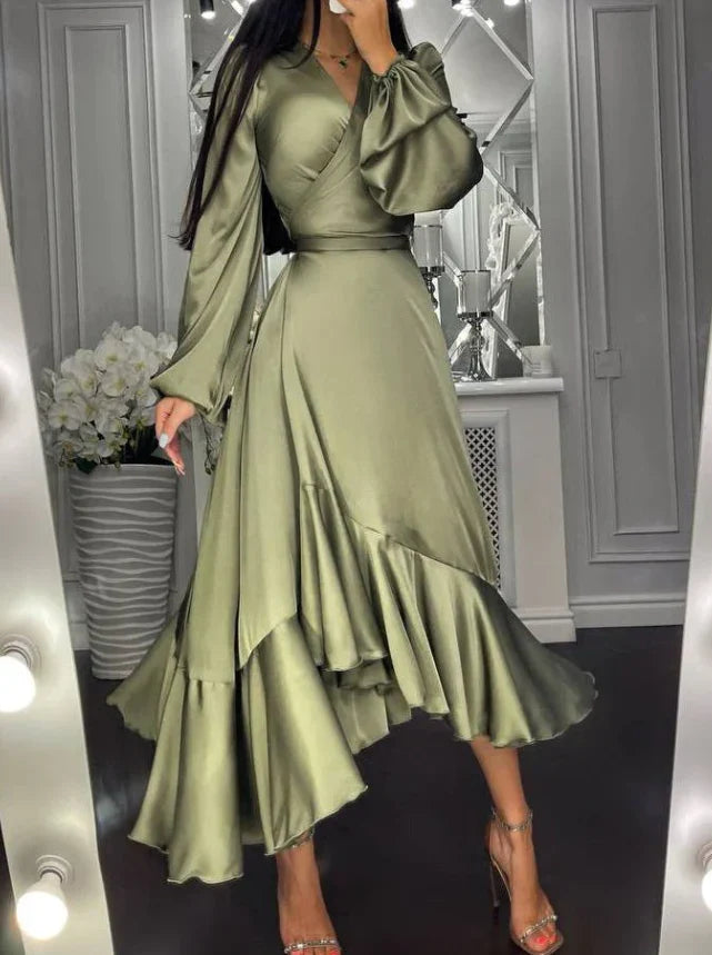 A-line V Neck Long Sleeve Ruffle Slim Prom Dress