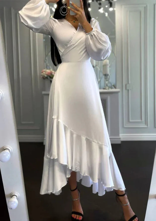 A-line V Neck Long Sleeve Ruffle Slim Prom Dress