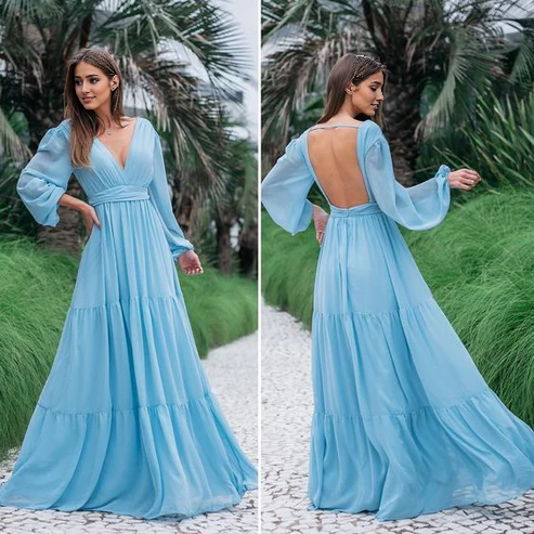 Deep V Neck Long Sleeves BacklessProm Dress