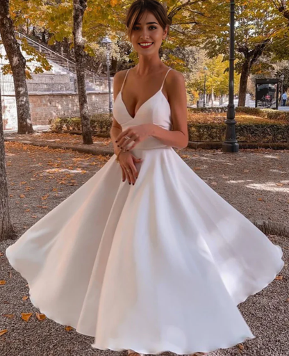 V Neck Tea Length Spaghetti Straps Prom Dress