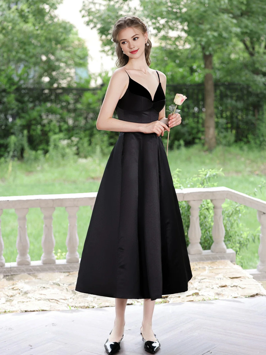 Simple V Neck Satin Tea Length Prom Dress