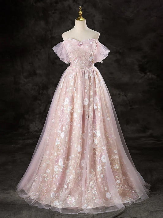 A-line Off Shoulder Tulle Lace Prom Dress