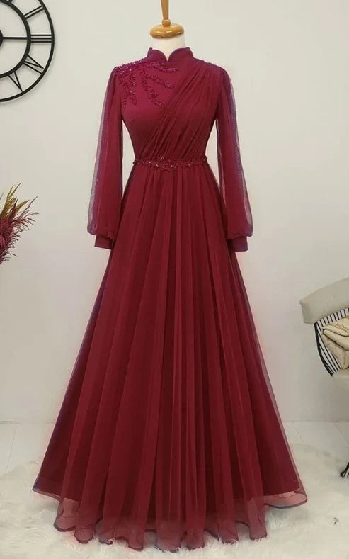 A-line Tulle Appliques Long Sleeve High Neck Prom Dress