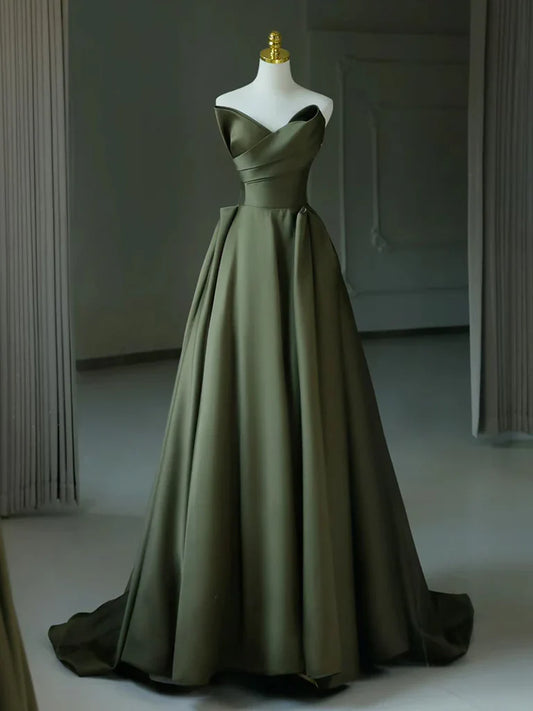 A-line Off-the-Shoulder V Neck Satin Long Prom Dress
