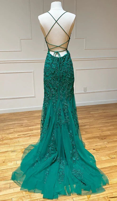 Open Back Mermaid Lace Prom Dresses