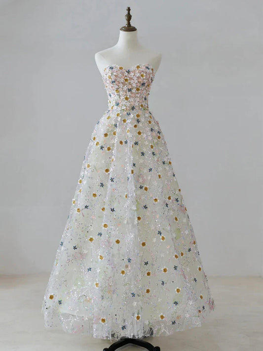 A-line Sweetheart Neck Tulle Lace Flower Off-the-Shoulder Prom Dress