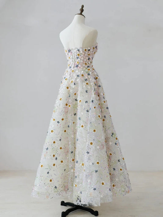 A-line Sweetheart Neck Tulle Lace Flower Off-the-Shoulder Prom Dress