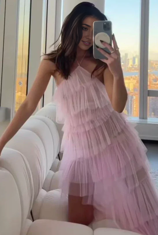 Hanging Neck With Multiple Layers Of Slit Prom Dress