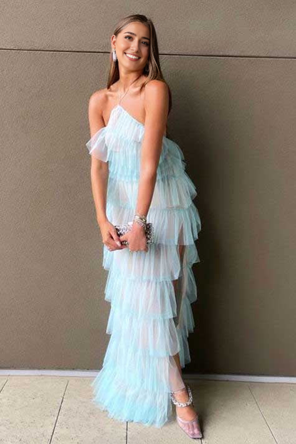 Hanging Neck With Multiple Layers Of Slit Prom Dress