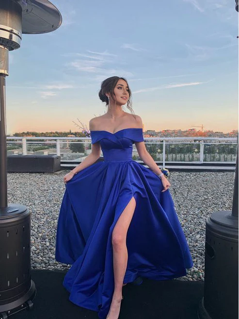 Off-the-Shoulder A-line Prom Dress With Slit