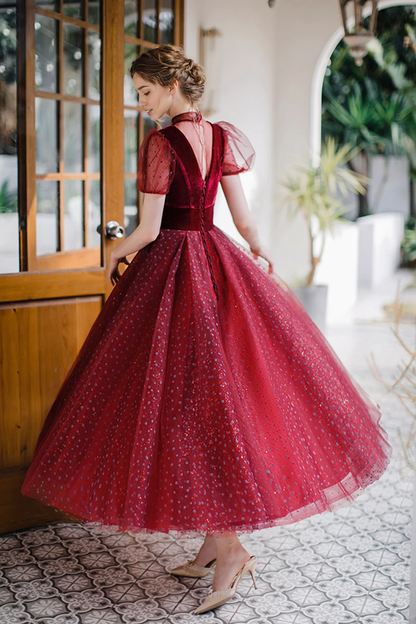 V Backless A-line Prom Dress With Short Sleeves