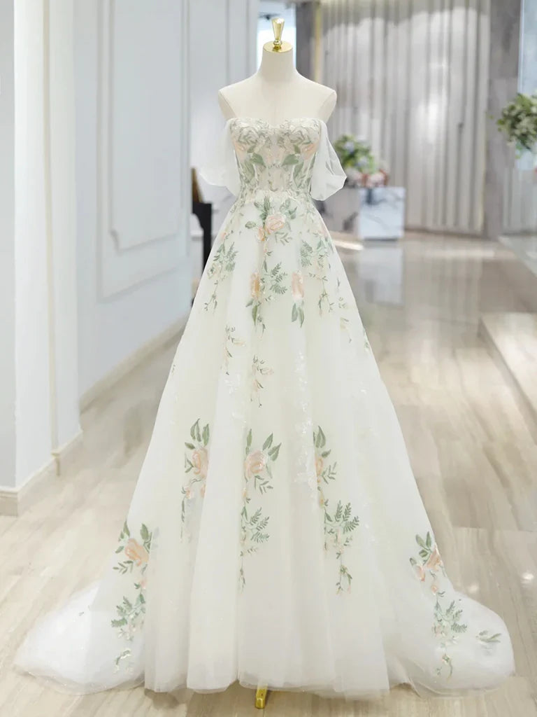 A-line Off Shoulder Tulle Lace Applique Prom Dress