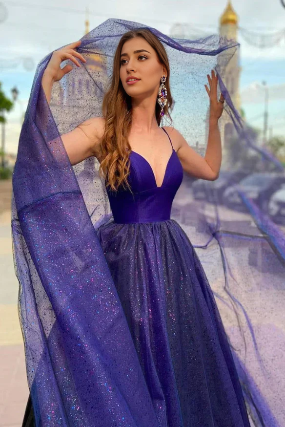 V Neck Backless Tulle Long Prom Dresses