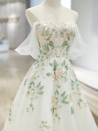A-line Off Shoulder Tulle Lace Applique Prom Dress