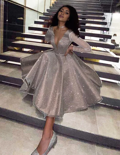 Long Sleeves Deep V Neck Tea Length Prom Dresses