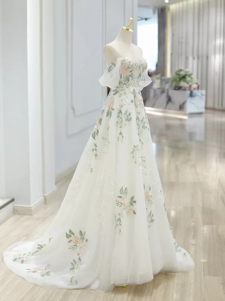 A-line Off Shoulder Tulle Lace Applique Prom Dress
