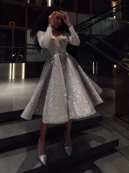 Long Sleeves Deep V Neck Tea Length Prom Dresses