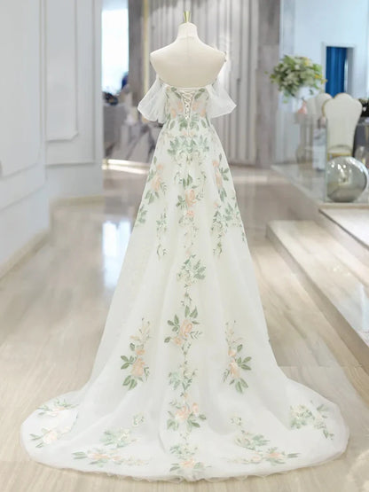 A-line Off Shoulder Tulle Lace Applique Prom Dress