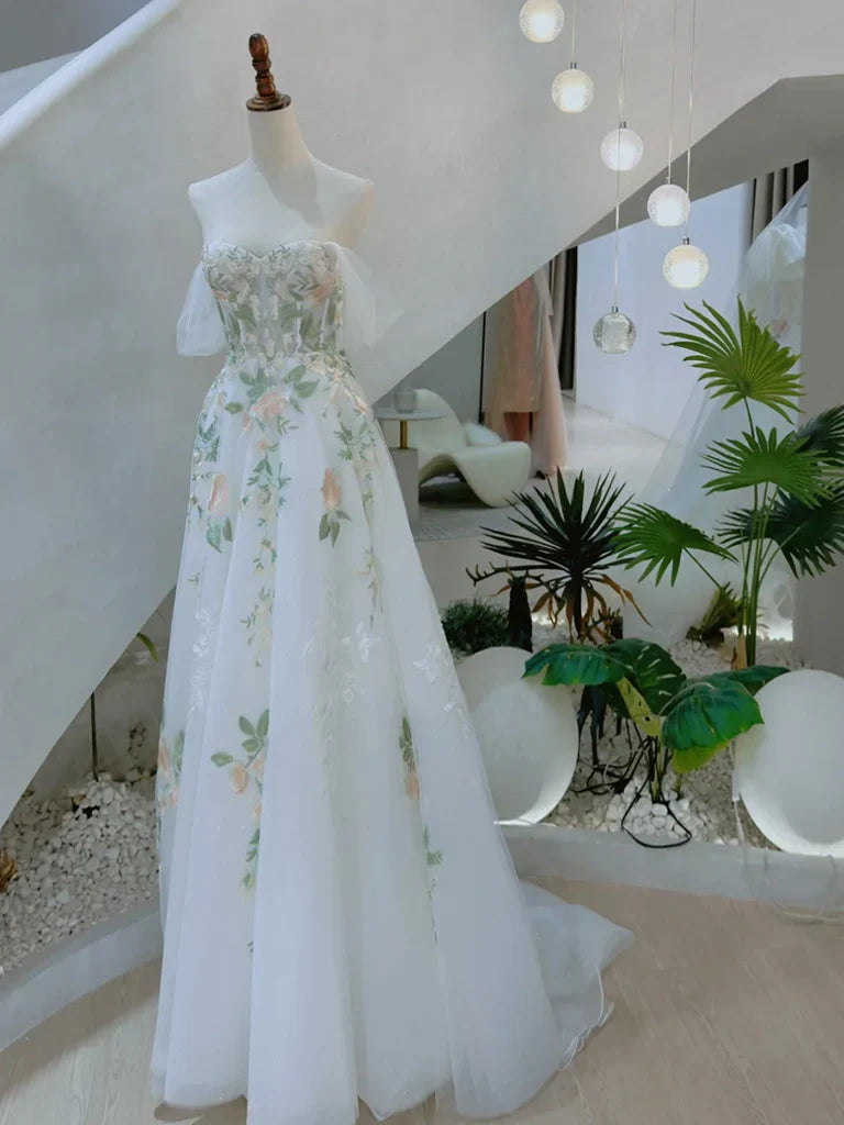 A-line Off Shoulder Tulle Lace Applique Prom Dress