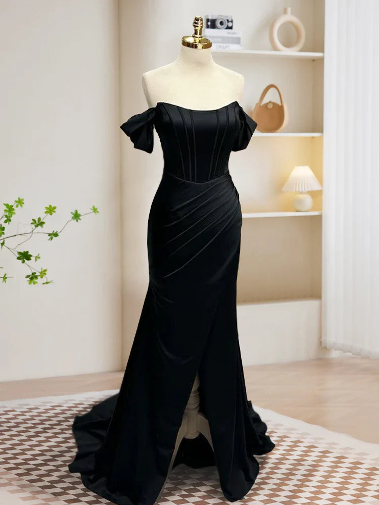 A-line Off Shoulder Satin Mermaid Prom Dress