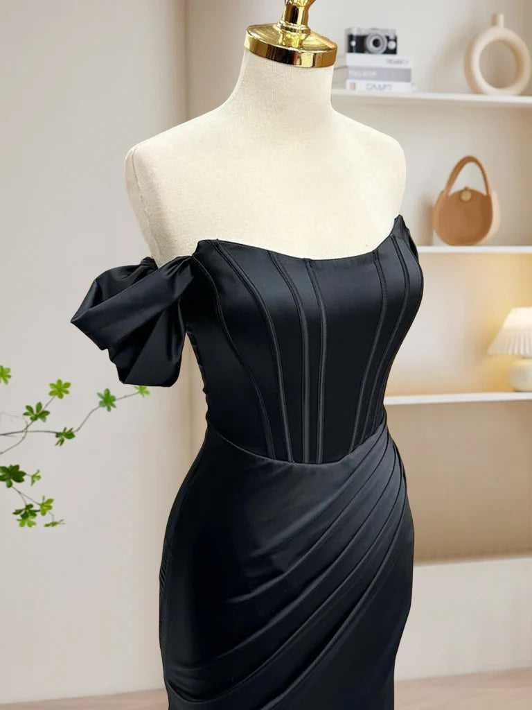 A-line Off Shoulder Satin Mermaid Prom Dress