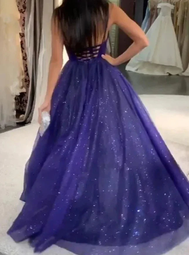 V Neck Backless Tulle Long Prom Dresses
