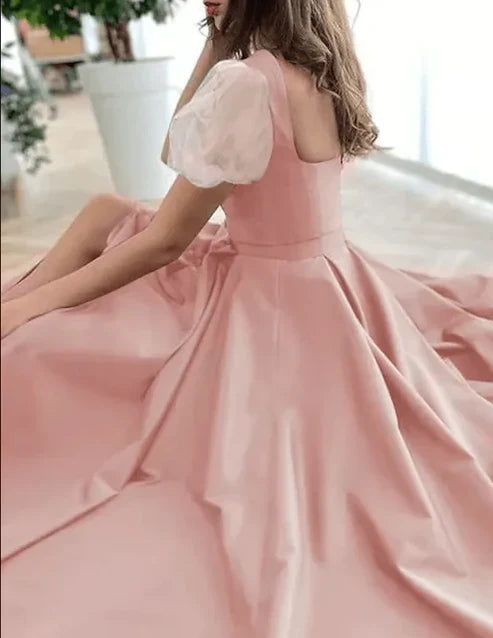 A-line Vintage Elegant Pleats Split Prom Dress With Scoop Neck