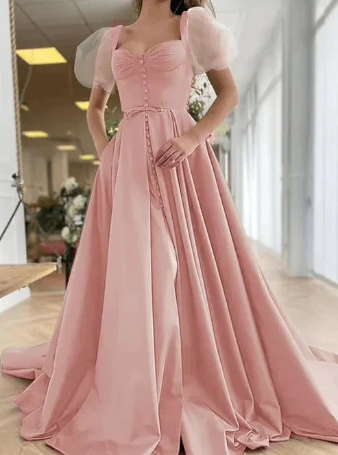 A-line Vintage Elegant Pleats Split Prom Dress With Scoop Neck