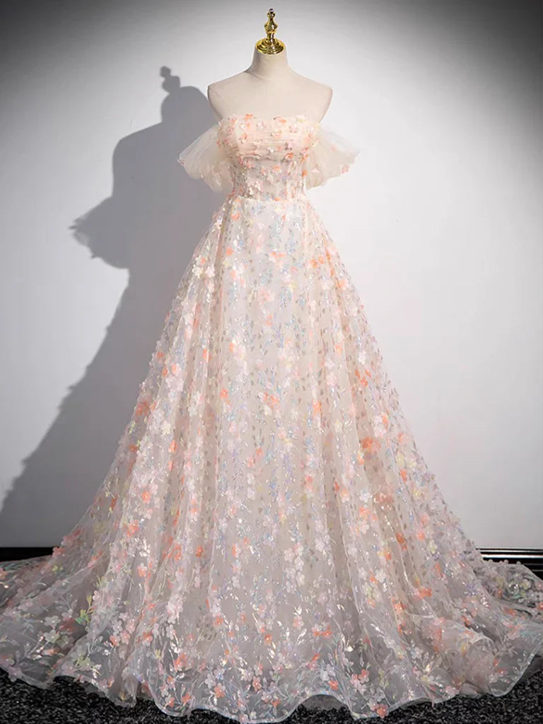 A-line Off Shoulder Tulle Lace Prom Dress With Train