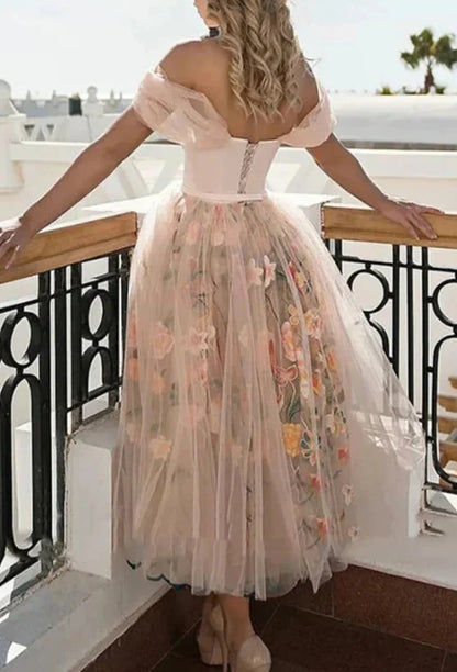 Off-the-Shoulder Tea Length Prom Dress With Flowers ﻿