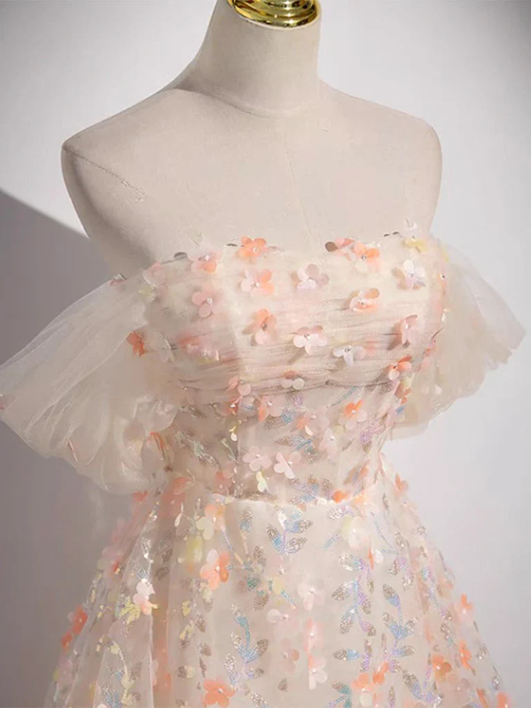 A-line Off Shoulder Tulle Lace Prom Dress With Train