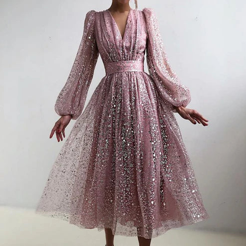 Long Sleeve V-neck High Waist Slim Prom Dress