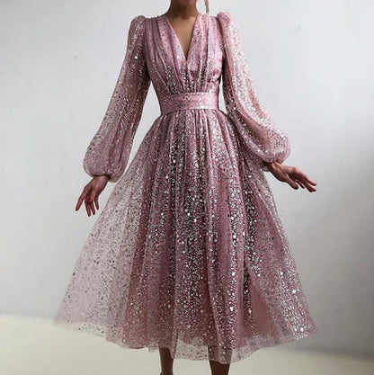 Long Sleeve V-neck High Waist Slim Prom Dress