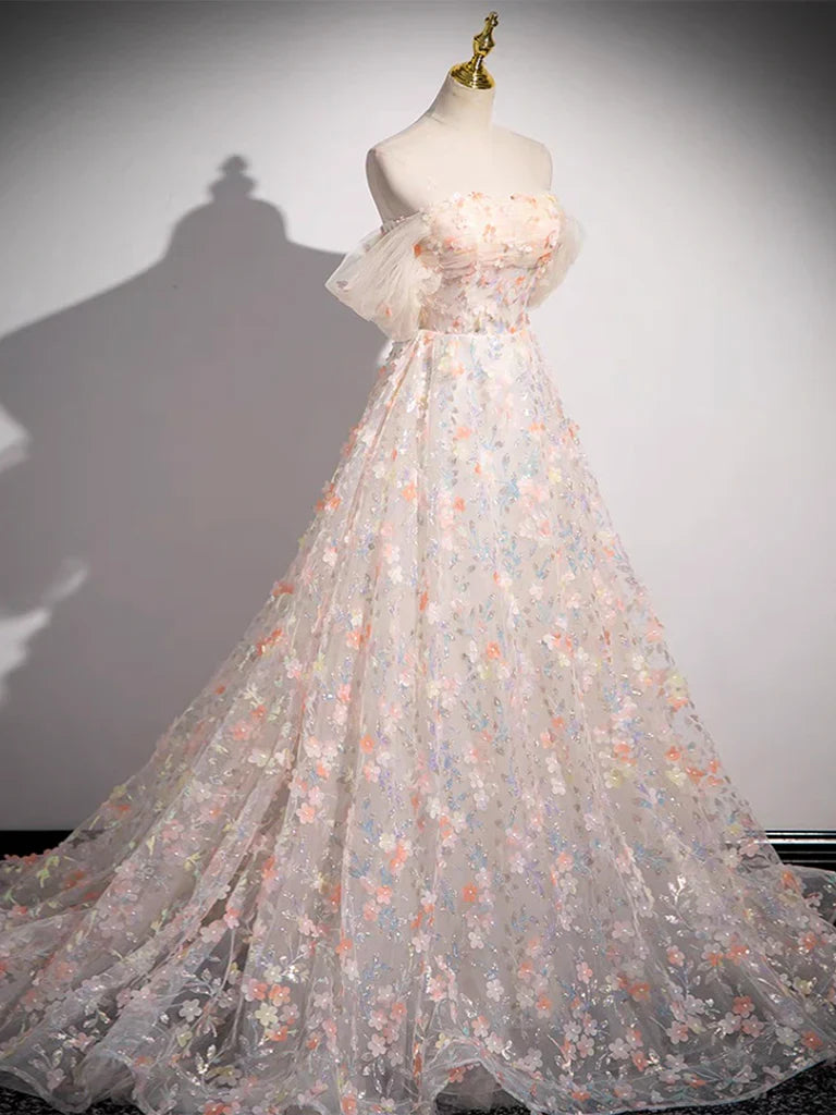 A-line Off Shoulder Tulle Lace Prom Dress With Train