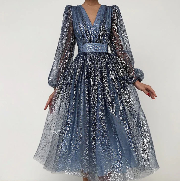 Long Sleeve V-neck High Waist Slim Prom Dress
